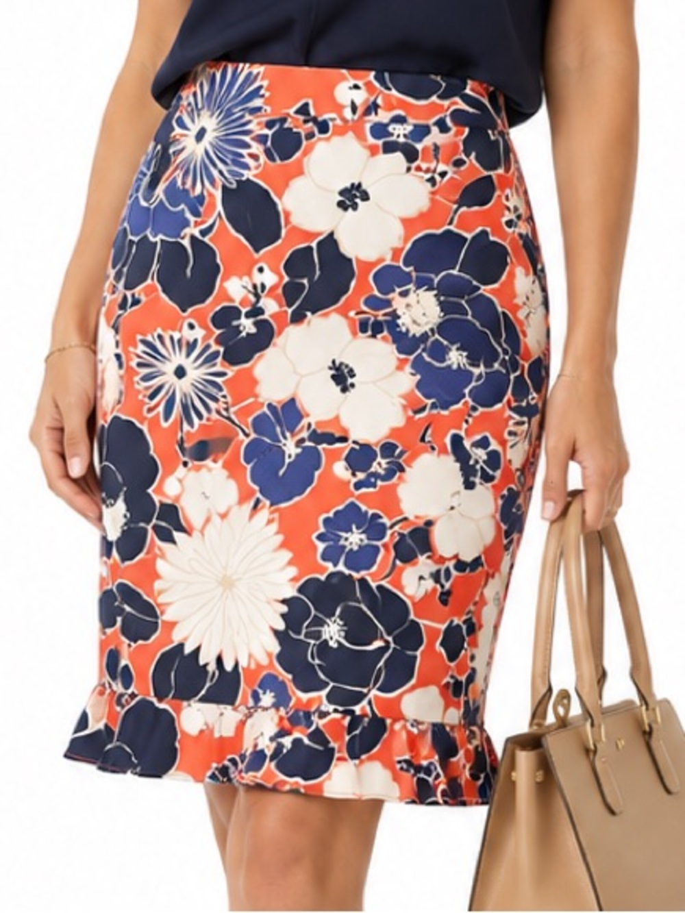 Ann Taylor Factory Floral Pencil Skirt Coral Navy White Ruffle Hem Size 16